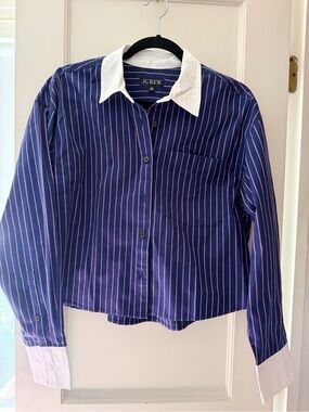 J. Crew Etienne Cropped Navy and Pink Stripe Button-Down Shirt with White Collar